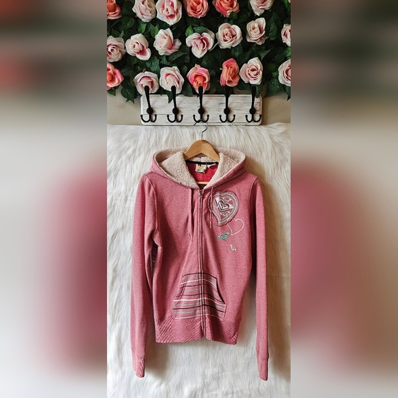 Roxy Vintage Fleece Lined Striped Zip Hoodie W/Teddy Lined Hood - Picture 1 of 9